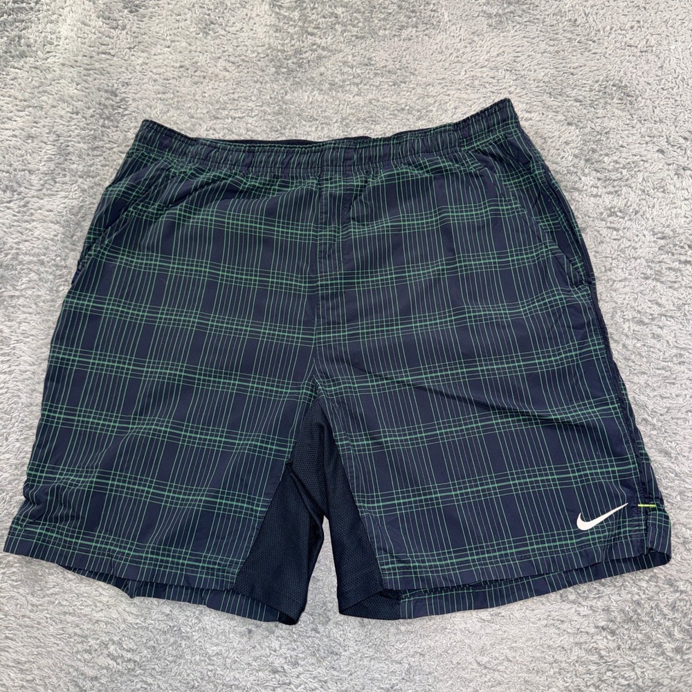 Nike Mens Large Navy Green Grid Athletic Shorts Nylon Swoosh Pockets